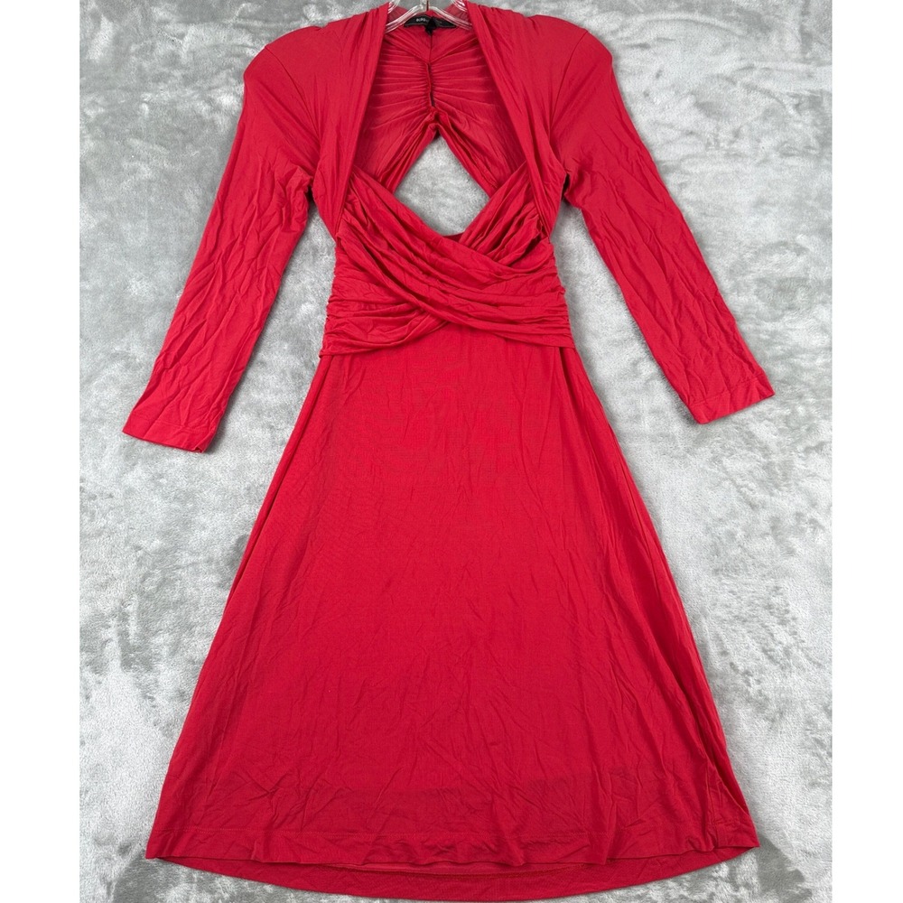 BCBG MAXAZRIA Womens Red Long Sleeve Ruched Cutout Back Midi Dress Size‎ S